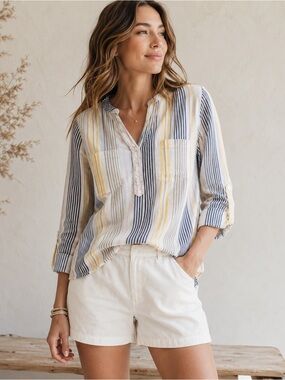 Carve Designs Organic Cotton Stripe Blouse XS Navy Yellow White Coastal Top EUC